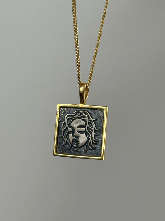 925 abstract face square pendant necklace