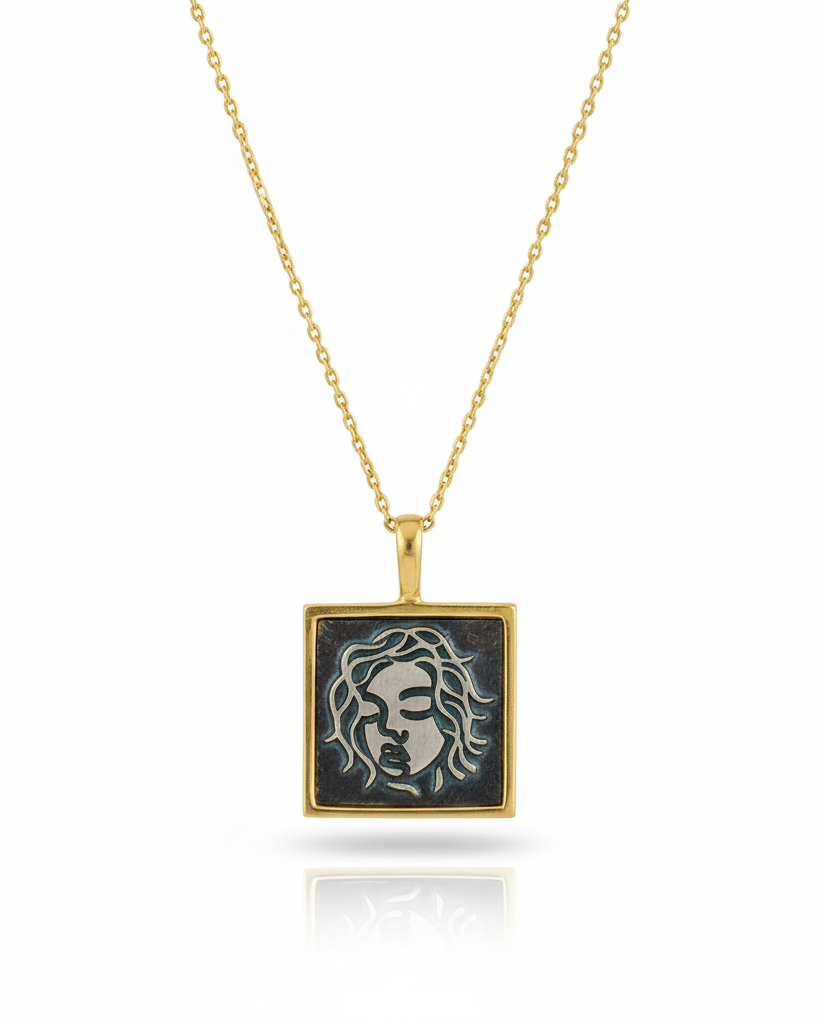 925 abstract face square pendant necklace