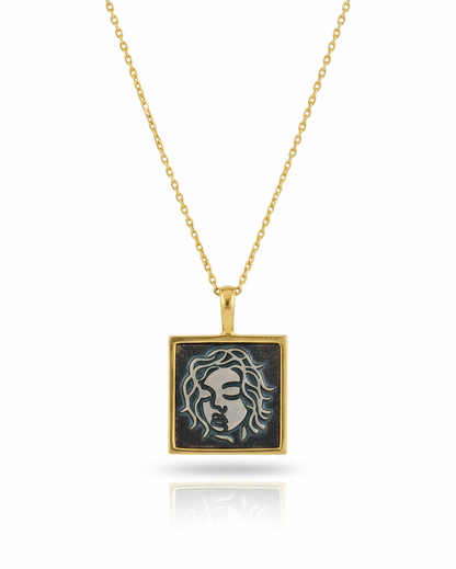 925 abstract face square pendant necklace
