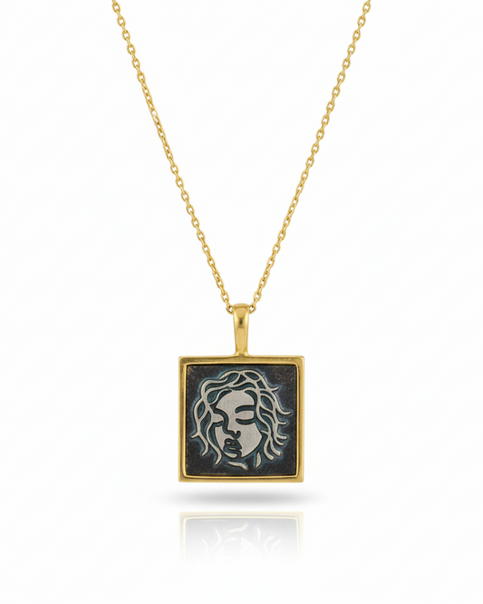 925 abstract face square pendant necklace