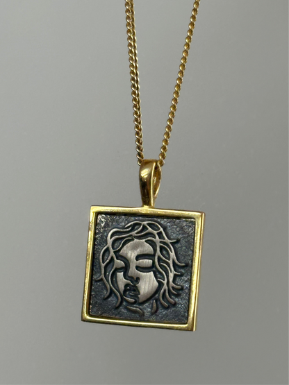 925 abstract face square pendant necklace